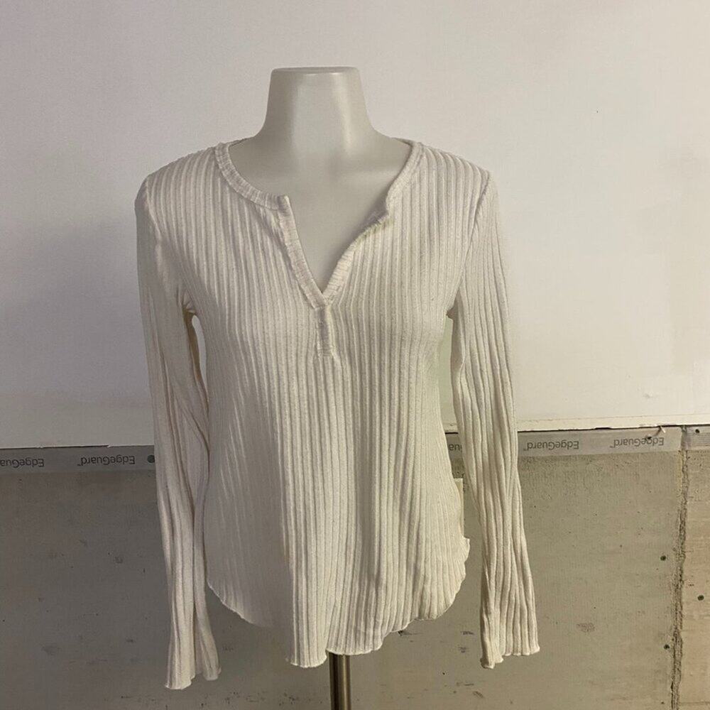 BP. White Ribbed Henley Long Sleeve TopSize S